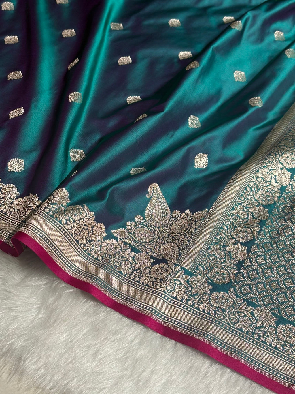 Peacock Teal Banarasi Silk Saree with Silver Zari Border & Contrast Magenta Accent