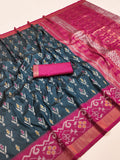 Charcoal Grey Ikat Silk Saree with Rani Pink Woven Border and Designer Pallu