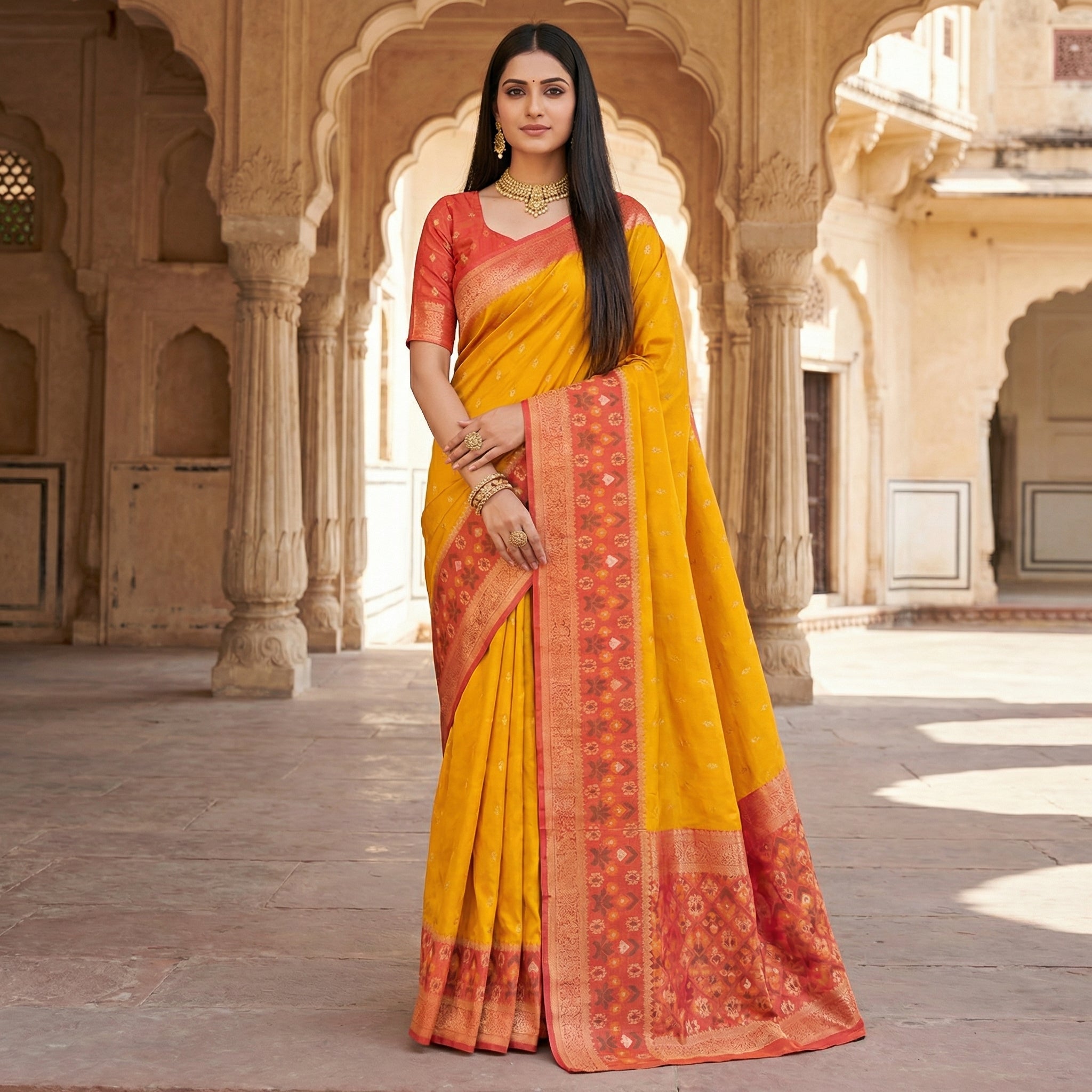 Mustard Yellow Woven Silk Saree with Rust Orange Zari Border and Geometric Brocade Pallu