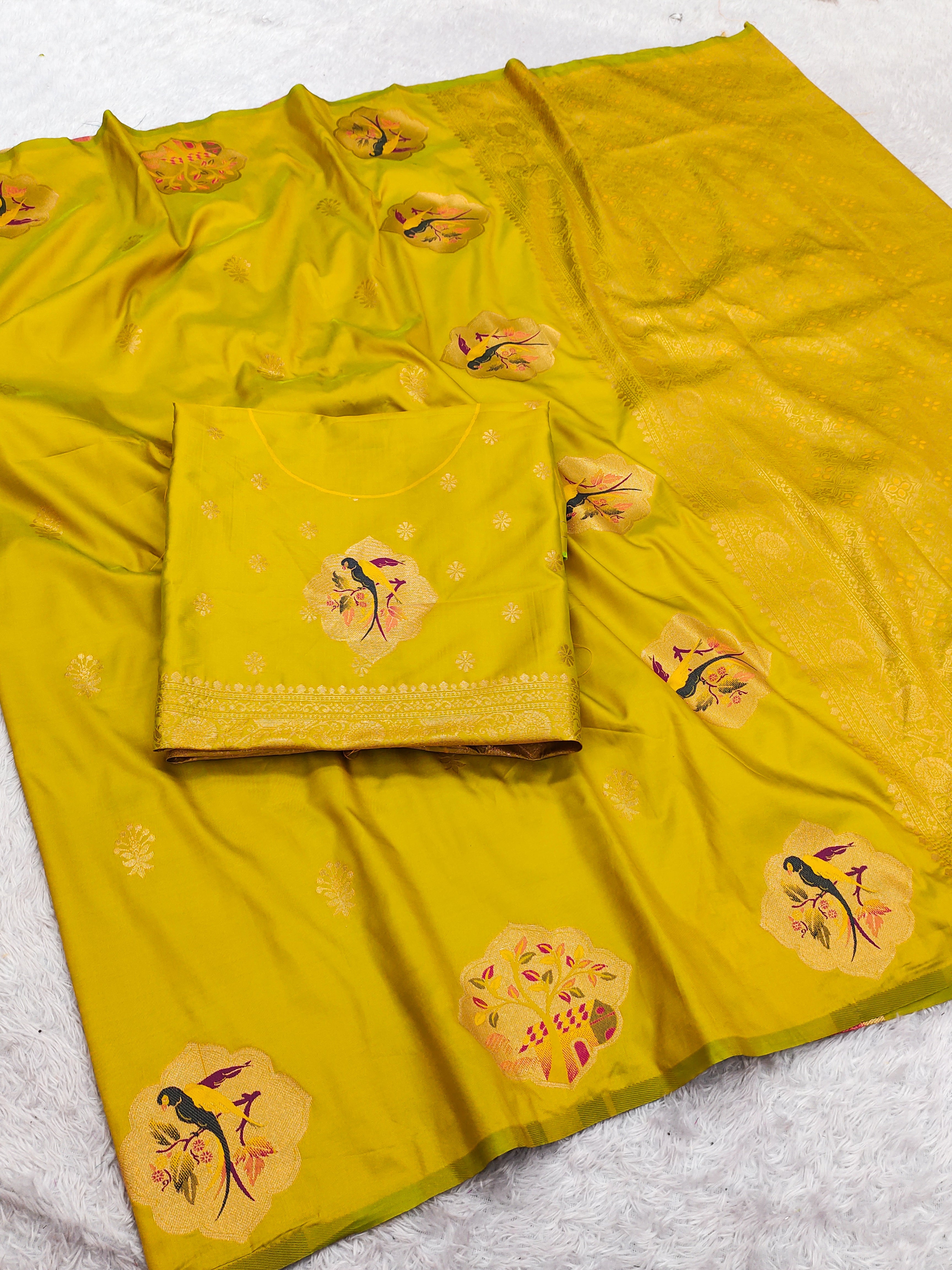 Royal Mustard Yellow Banarasi Silk Saree with Handwoven Bird Motifs & Antique Zari Pallu