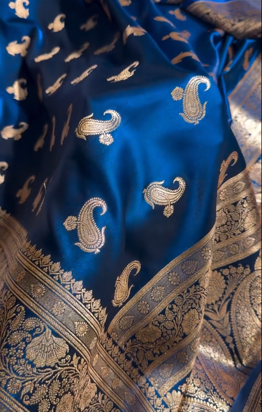 Royal Navy Blue Banarasi Silk Saree with Antique Gold Zari Motifs & Rich Woven Border