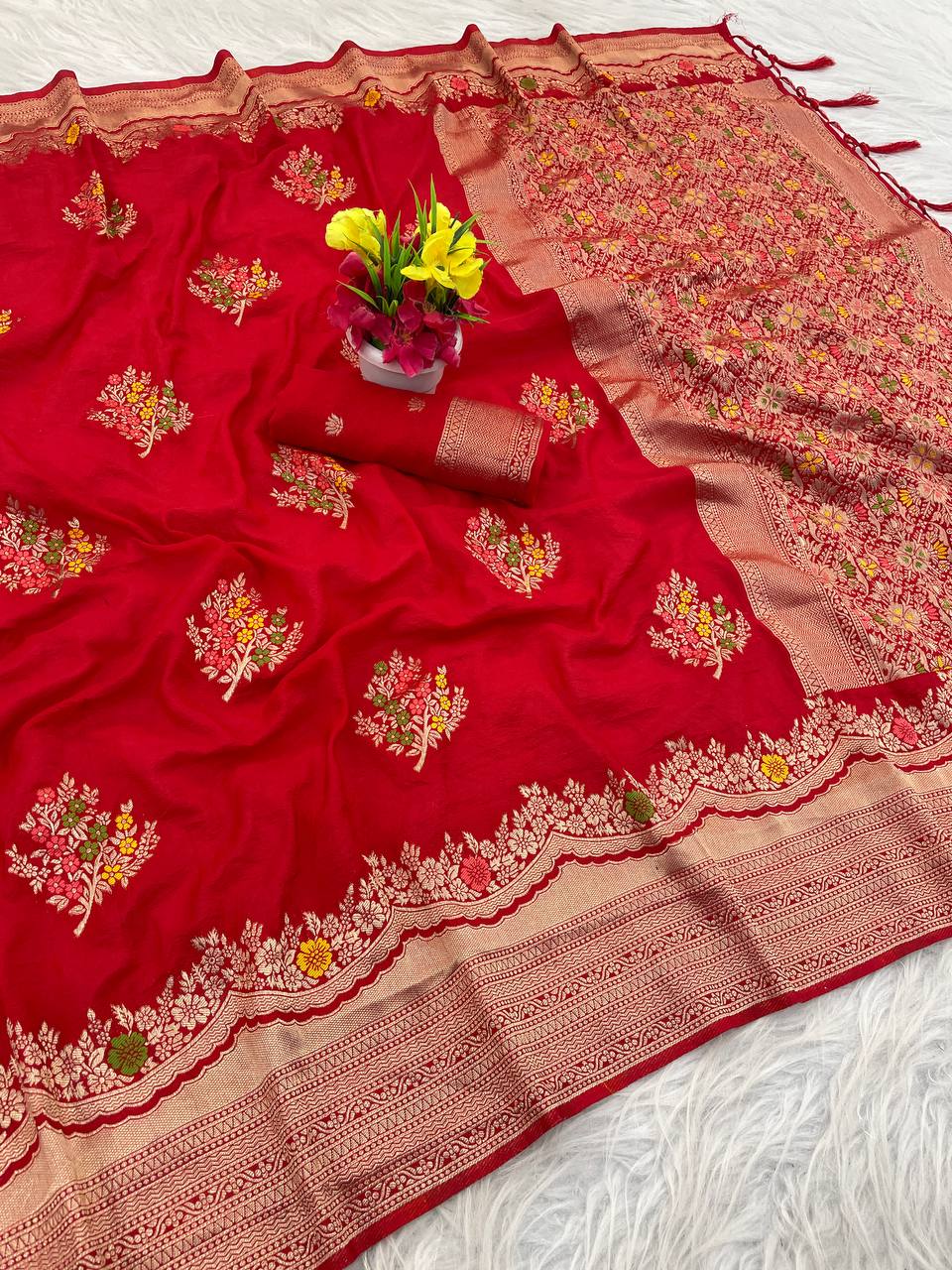 Premium Luxury Ruby Red Silk Saree with Multicolor Floral Butta & Heavy Zari Border
