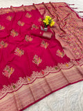 Premium Luxury Magenta Pink Silk Saree with Multicolor Floral Butta & Heavy Zari Border