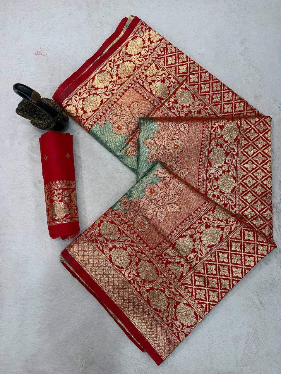 Royal Red & Emerald Green Premium Luxury Silk Saree with Heavy Antique Gold Zari Border & Designer Floral Pallu