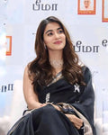 Elegant Black Soft Silk Saree with Silver Border & Minimal Floral Motifs | Premium Party & Office Wear