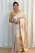 Luxury Blush Beige Kanjivaram Silk Saree with Elegant Self Zari Floral Weaving