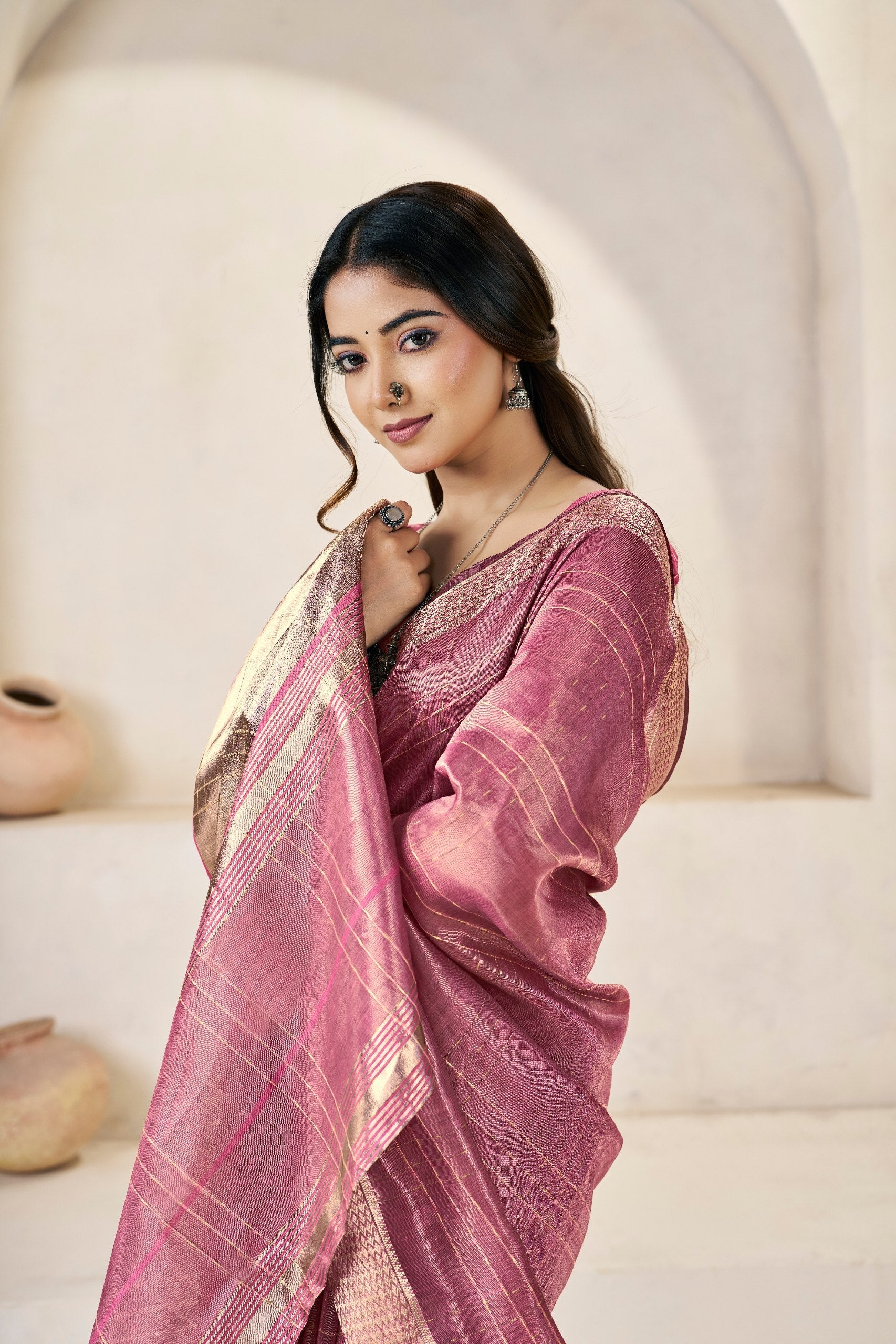 Rani Pink Banarasi Silk Saree with Golden Metallic Zari