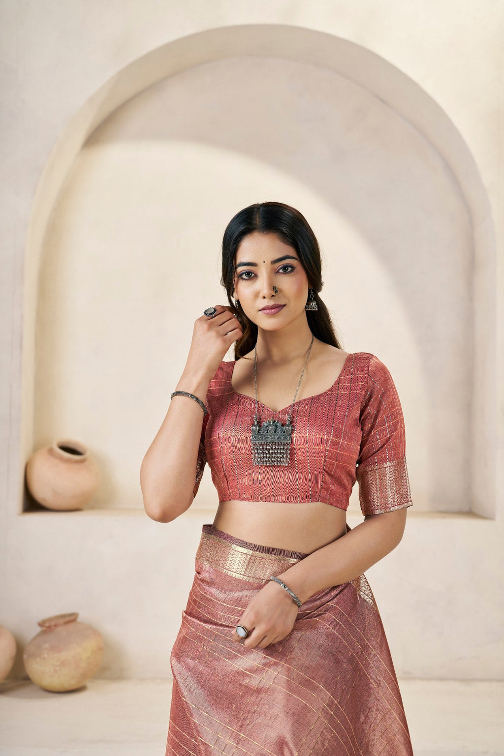 Rose Gold Banarasi Silk Saree with Rich Metallic Zari Border