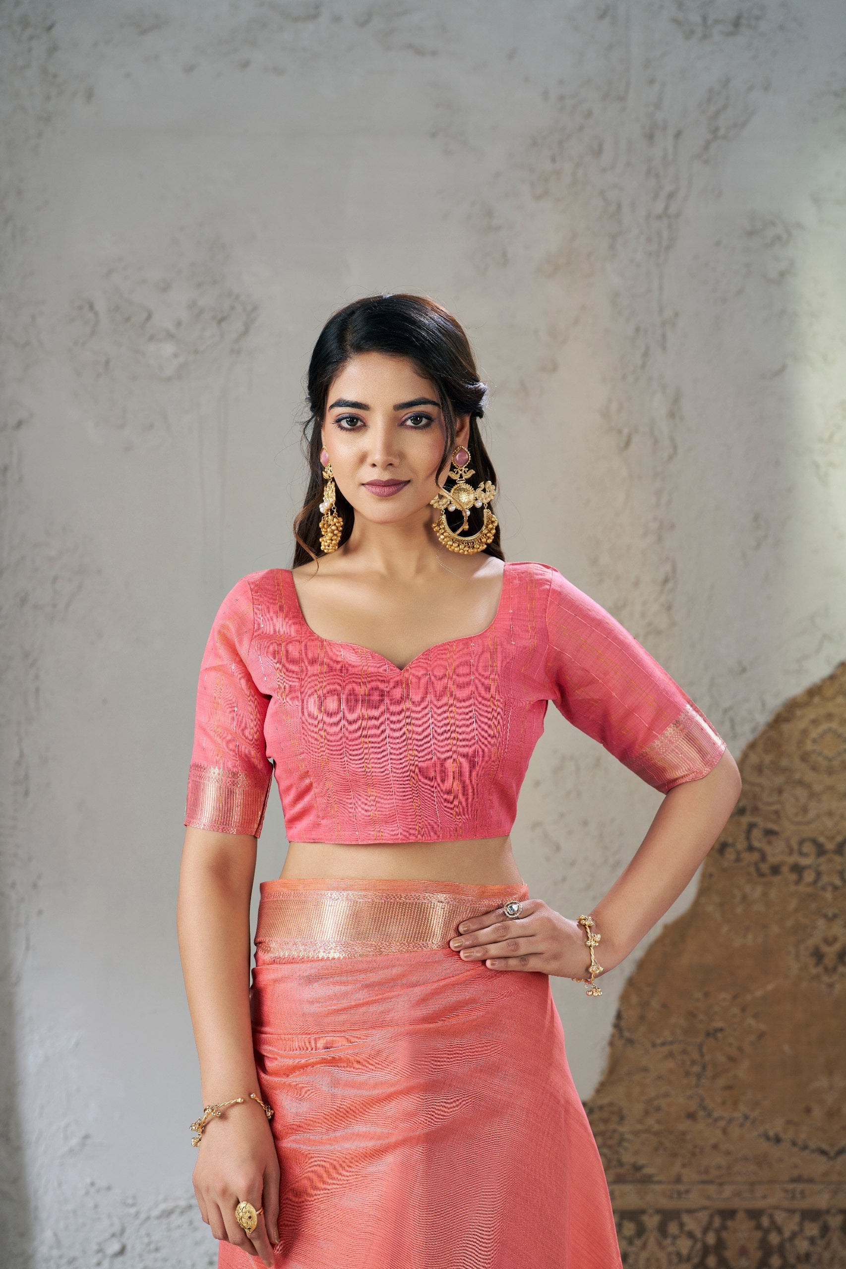 Coral Pink Banarasi Silk Saree with Golden Zari Border
